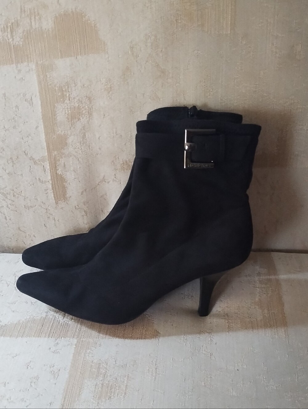 BCBGirls Black Suede Pointed Toe Ankle Boots with Buckle